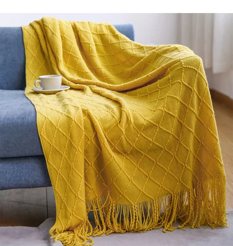 Acrylic Knitted Throw Blanket With Tassels For Sofa And Bed