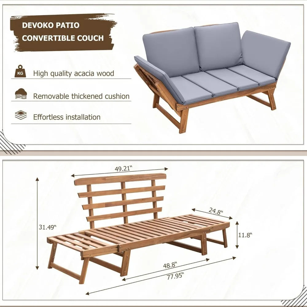 Devoko Acacia Wood Convertible Couch With Removable Cushions And Pillows