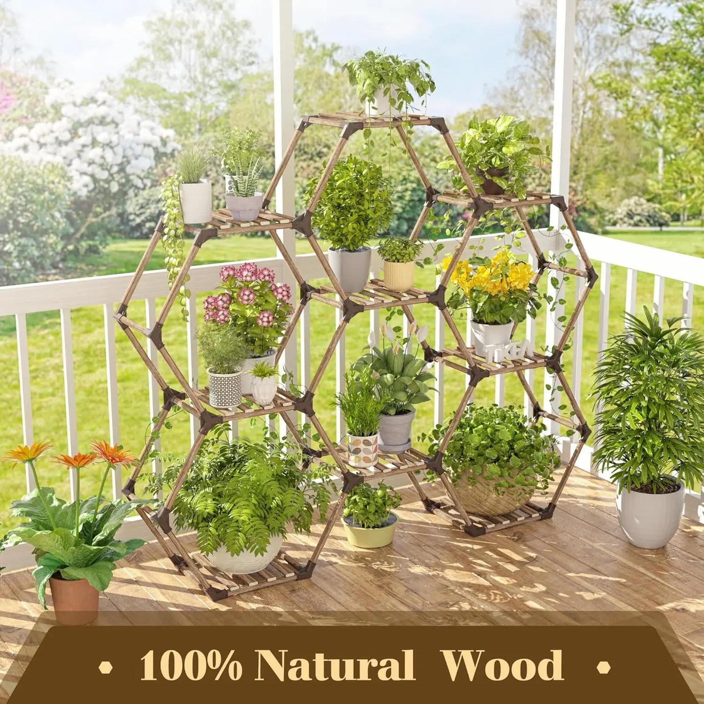 Hexagonal Plant Stand Indoor Outdoor Large Wooden Shelf 6 Tier 9 Pot Holder for Patio Balcony Living Room