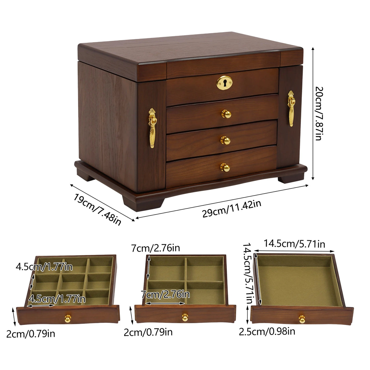 4-tier Multi Functional Jewelry Box Wooden Jewelry Storage Box with Combo Lock for Jewelries, Ring,Necklace and Watches
