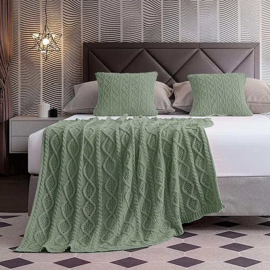 Cable Knit Throw Blanket and Pillow Set, Sage Green Set of 3, Knitted Throw 50x60 amp 2 Pillow Covers 18x18, Soft amp Cozy Decor