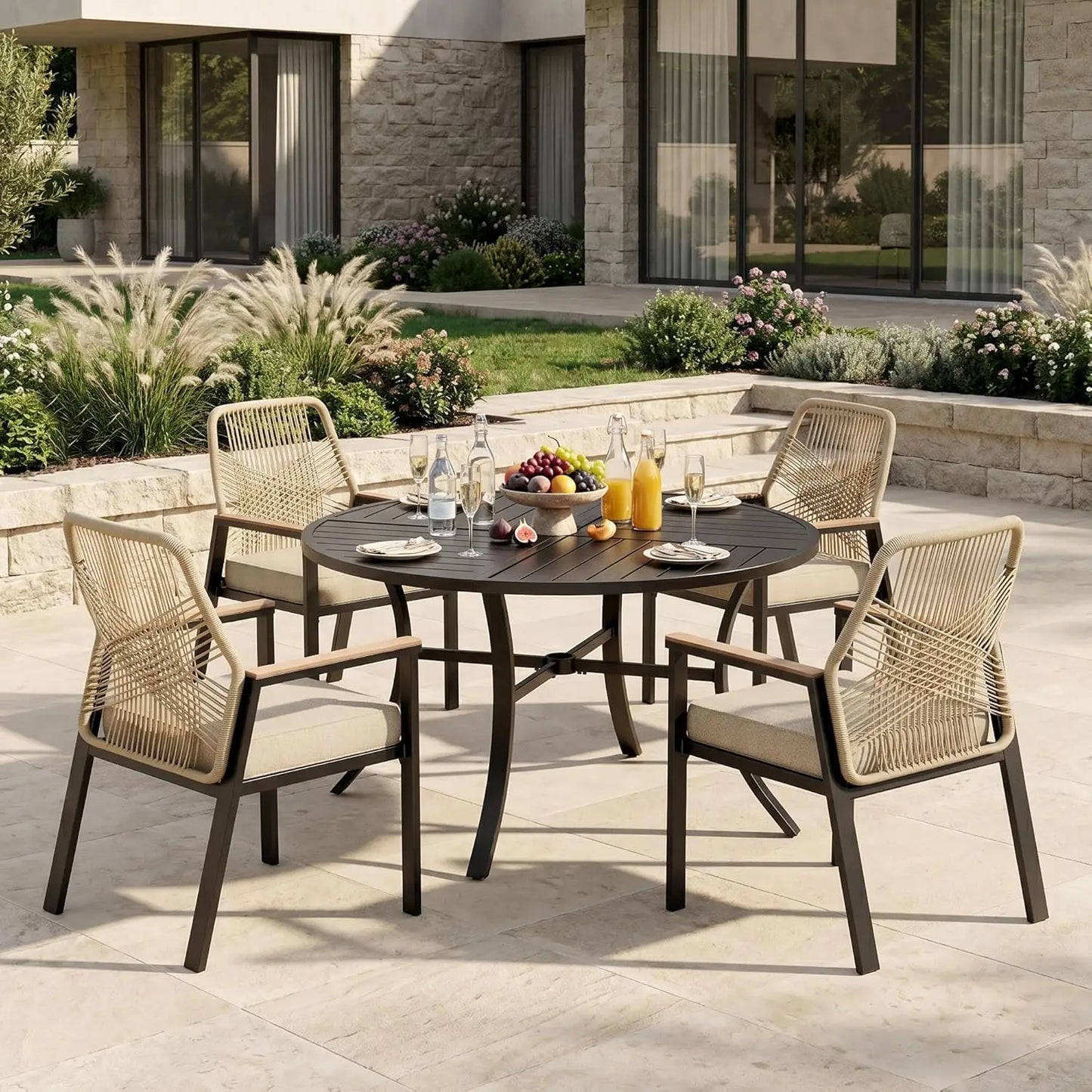 MIXPATIO Round Outdoor Dining Set Wicker Rattan Chairs And Table