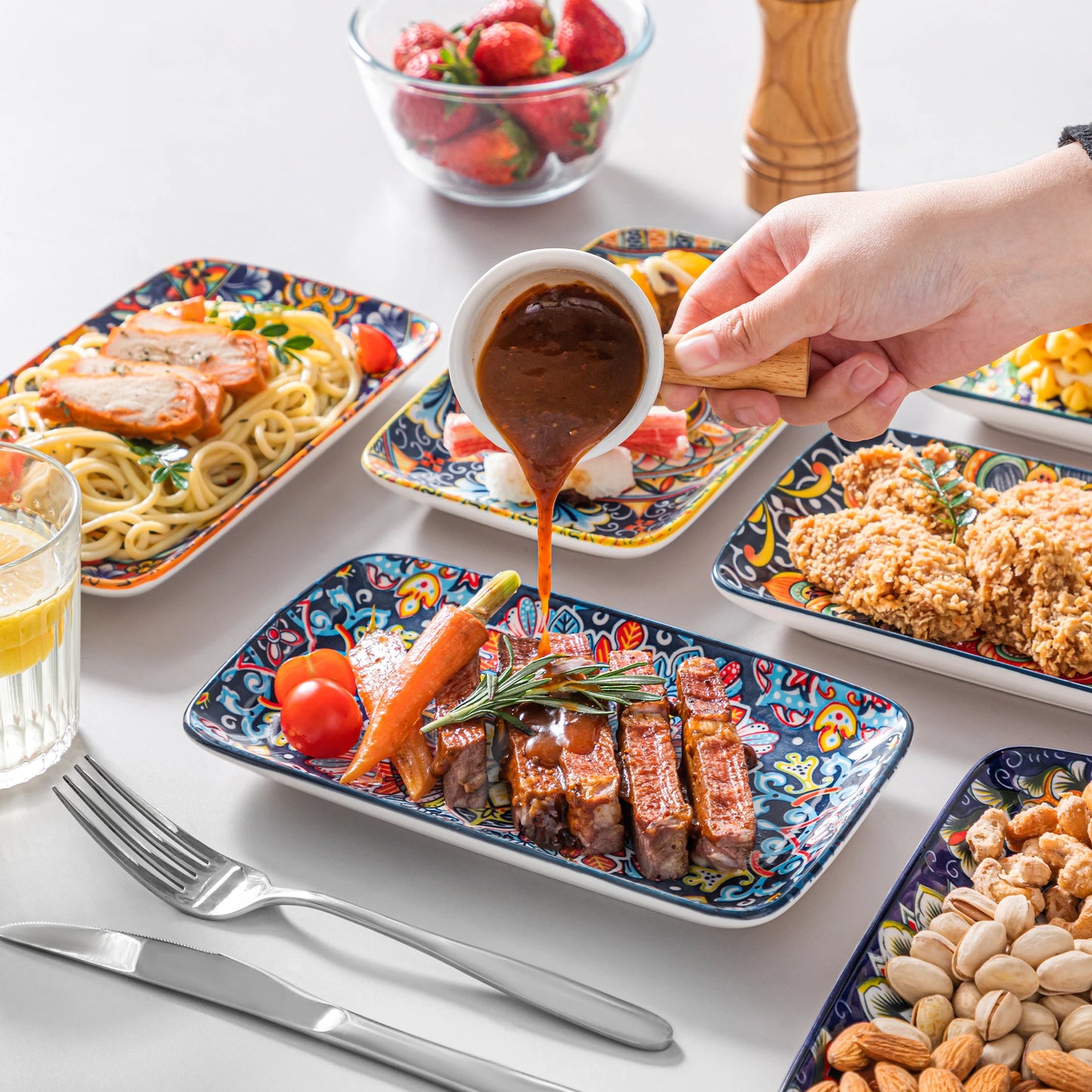 MALACASA Rectangular Porcelain Serving Plates Set for Beef and Pasta