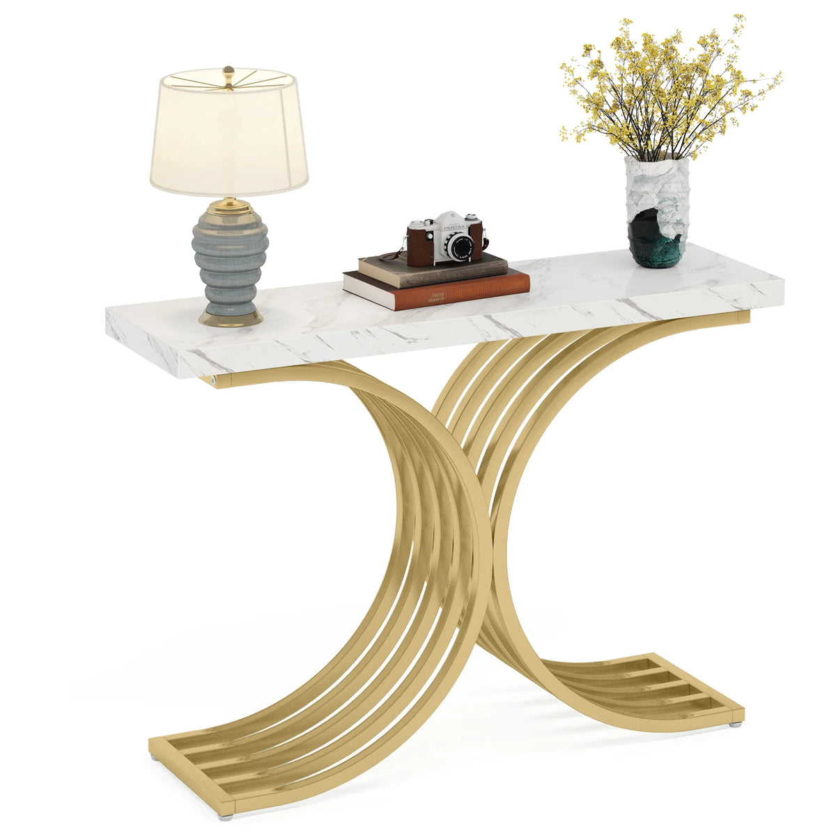Tribesigns   Wooden Luxury Living Room Furniture Modern White Faux Marble Top Gold Metal Console Table