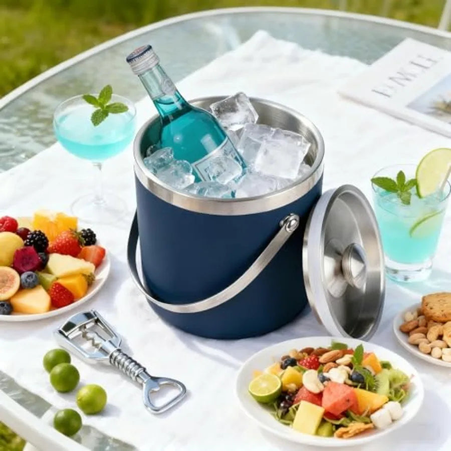3L Double-Wall Insulated Stainless Steel Ice Bucket with scoop for Cocktail Bar - Metal Ice Bucket for freezer with Lid for par