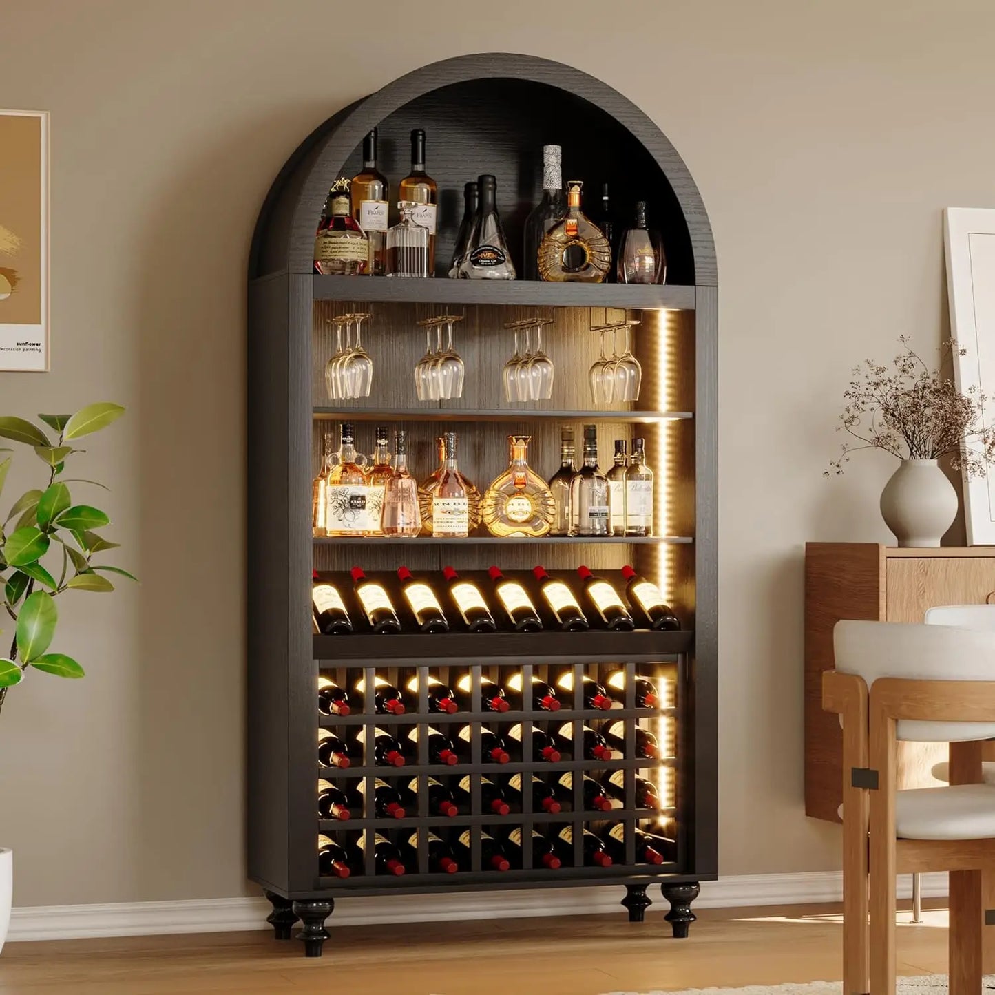 Wine Bar Cabinet With LED Lighting And Glassware Storage