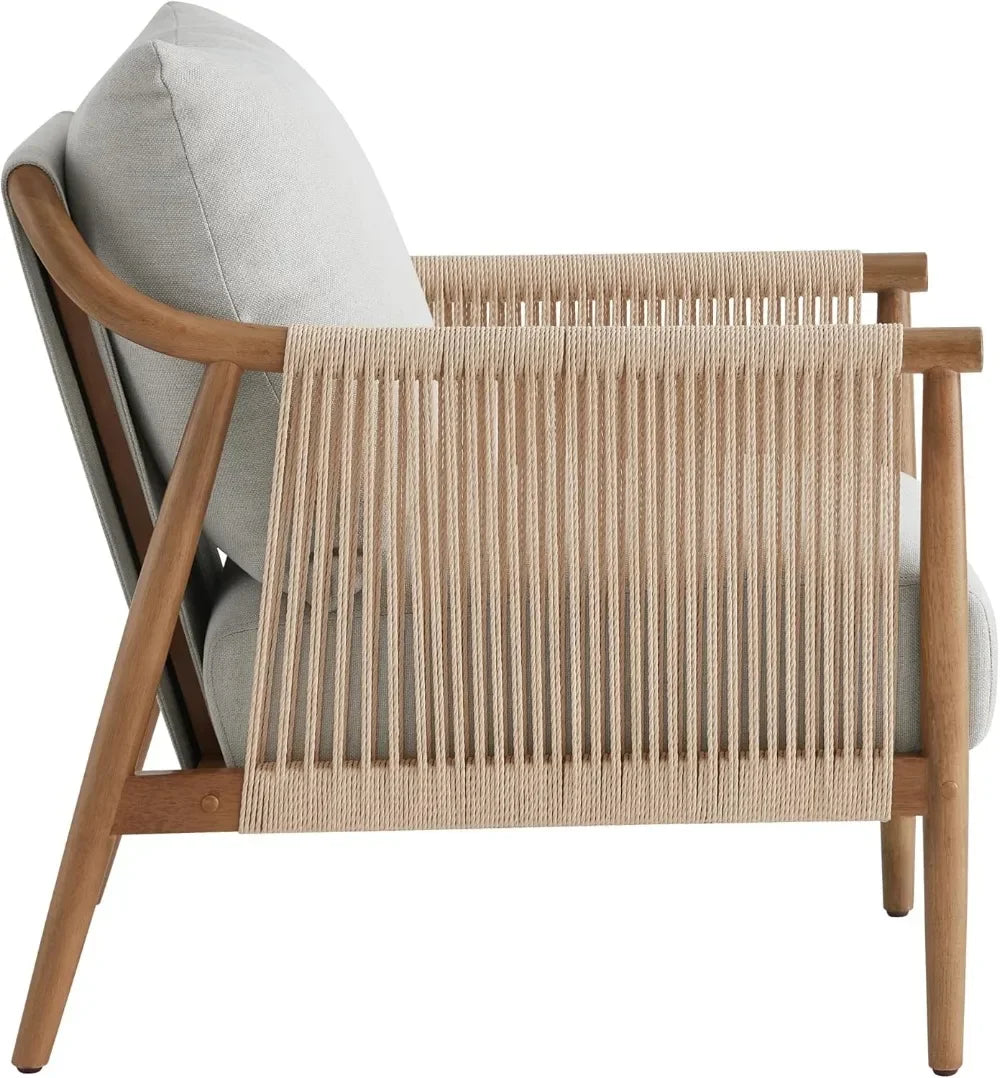 Set of 2 Braid Accent Chairs with Solid Wooden Armrests, Modern Boho Reading Armchair for Living Room, Bedroom, Light Grey