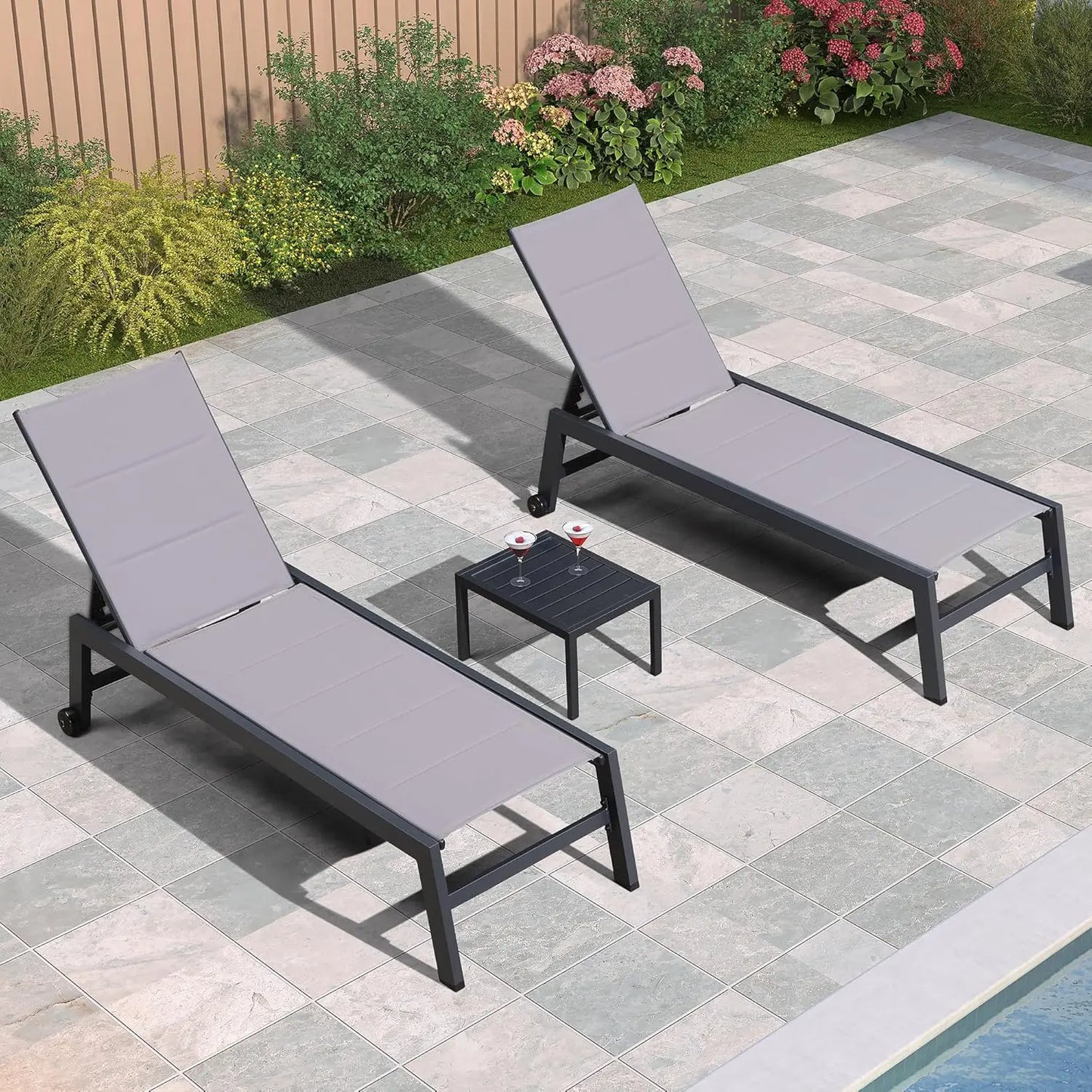 Outdoor Chaise Lounge Set of 2 Aluminum Patio Lounge Chair with Wheels and Side Table Pool Chaise Lounge Chair for, Customized