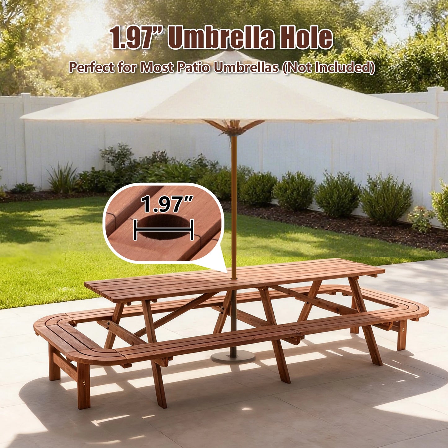 Wooden Outdoor Picnic Table With Umbrella Hole For Patio Deck