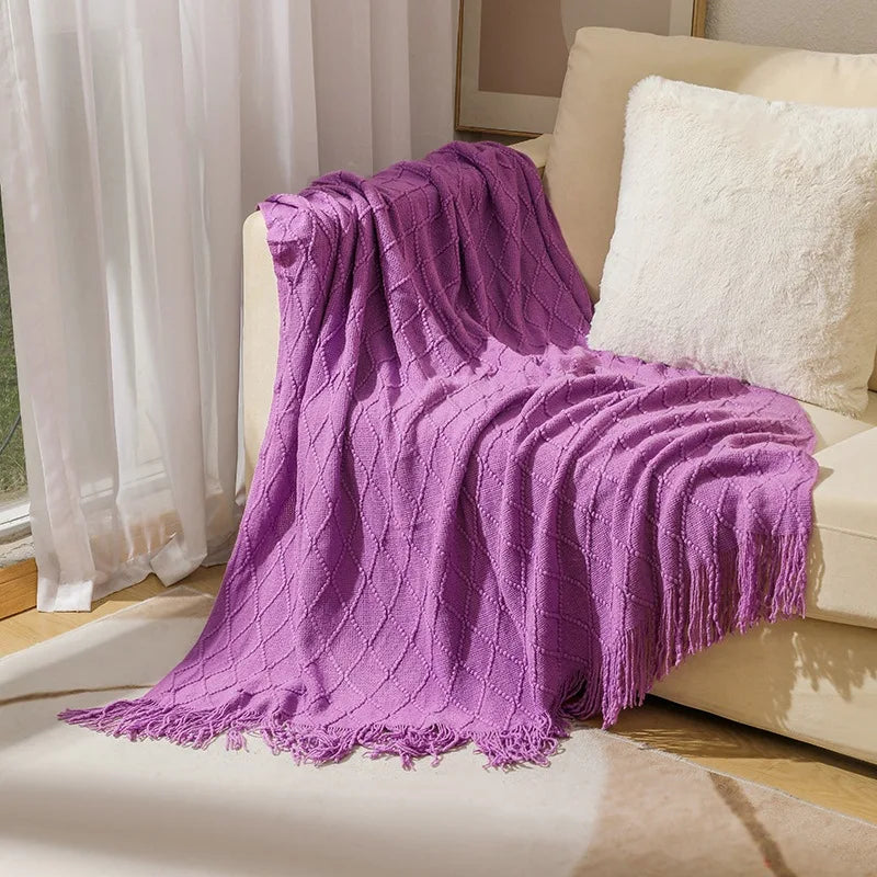 Acrylic Knitted Throw Blanket With Tassels For Sofa And Bed