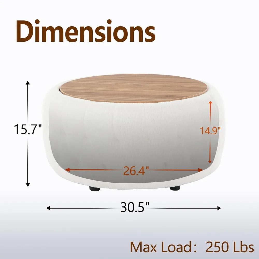 Round Storage Ottoman Coffee Table With Teddy Fabric