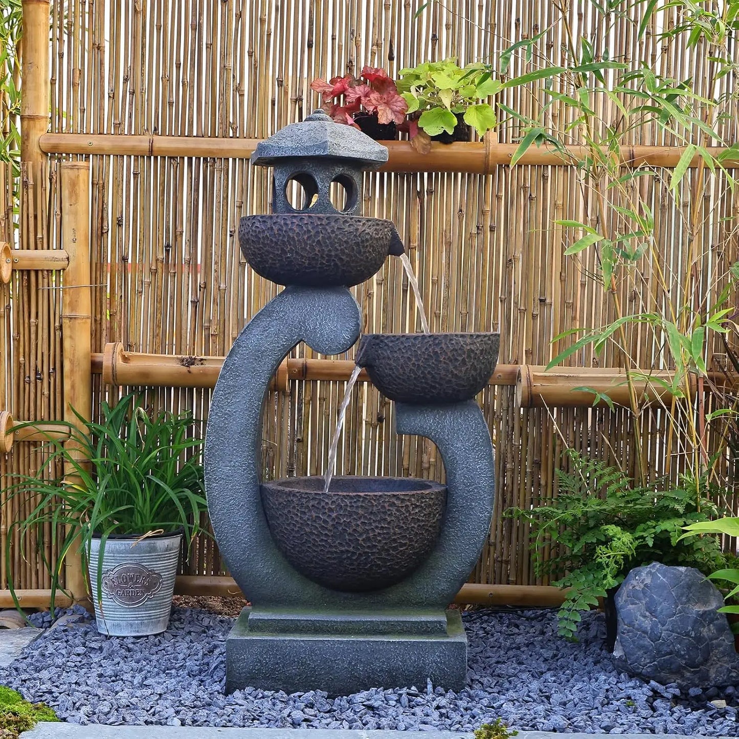 Outdoor Garden Water Fountain Zen Pagoda With LED Lights