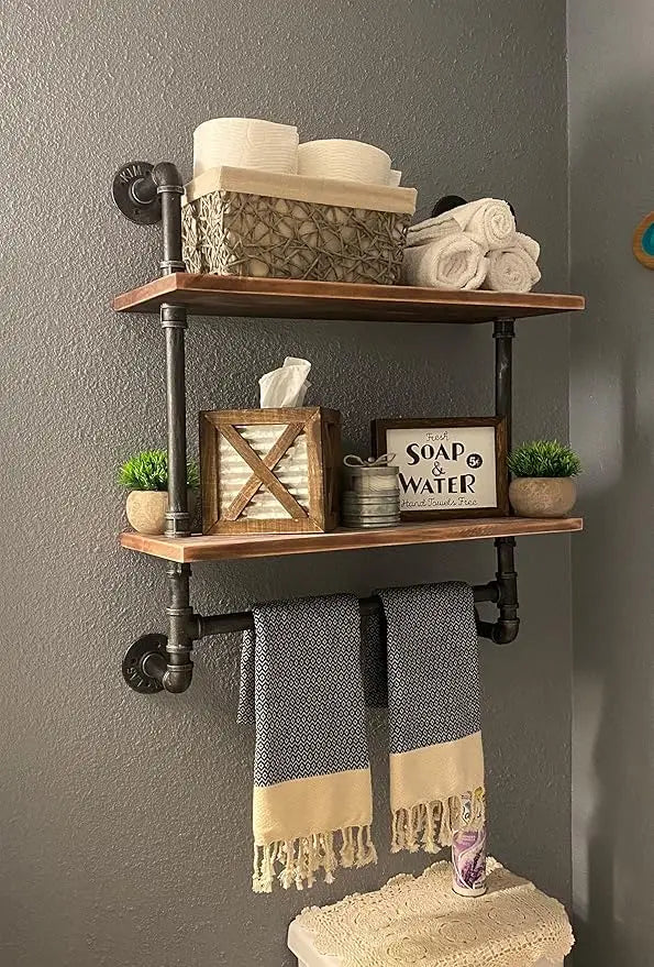 Industrial Pipe Style Wall Mounted Shelves With Towel Rack