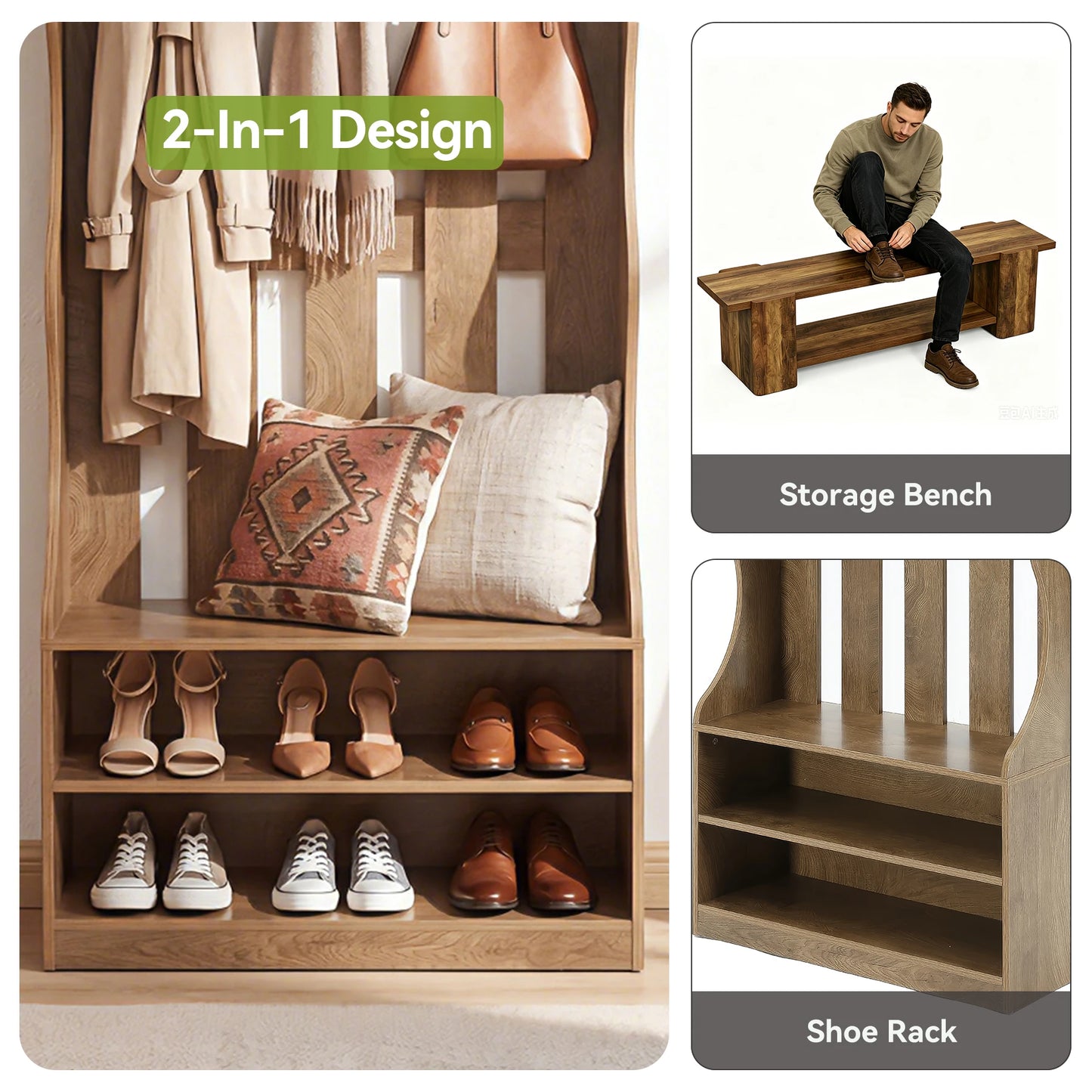 Tribesigns 3-In-1 Coat Rack with Shoe Bench, 70.9" Tall Hall Tree with 7 Hooks, Farmhouse Entryway Coat Rack with 2 Tier Shoe Storage for Entryway, Living Room, Bedroom, Brown