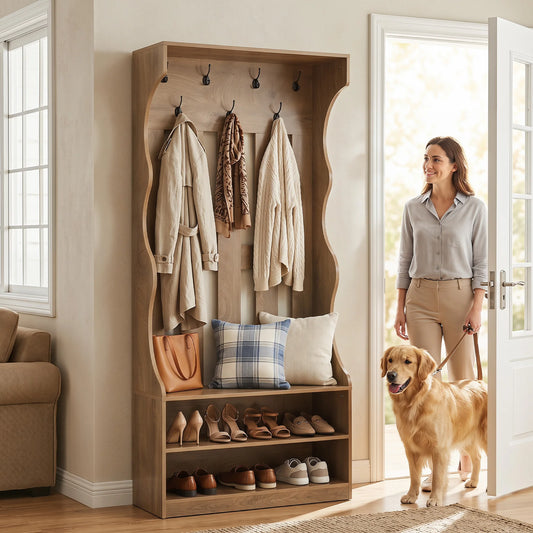 Tribesigns 3-In-1 Coat Rack with Shoe Bench, 70.9" Tall Hall Tree with 7 Hooks, Farmhouse Entryway Coat Rack with 2 Tier Shoe Storage for Entryway, Living Room, Bedroom, Brown