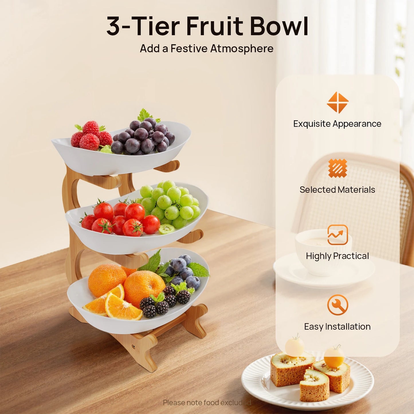 3-Tier Fruit Plate And Dessert Tray On Bamboo Stand For Parties