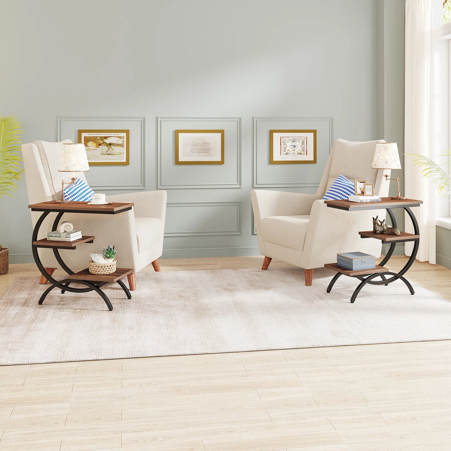 Tribesigns C Shaped End Table With Storage Shelves