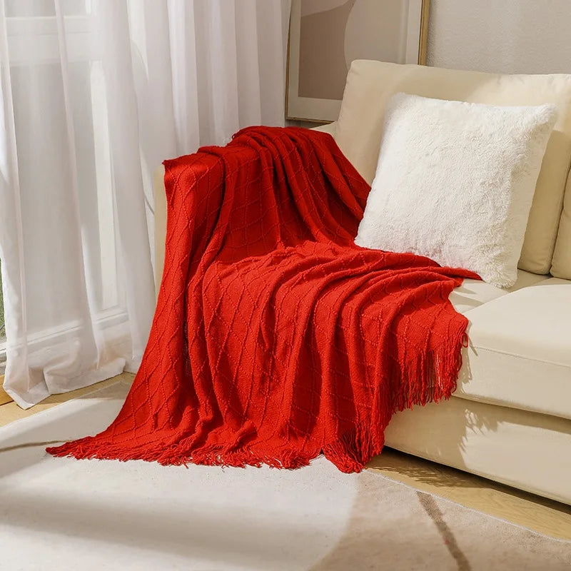 Acrylic Knitted Throw Blanket With Tassels For Sofa And Bed