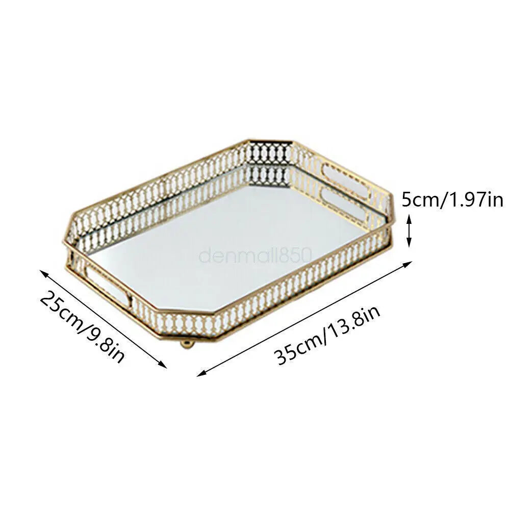 Large 35x25cm Golden Rectangular Metal Tray with Glass Top for Makeup Jewelry Storage Organizer in Living Room Bedroom Decor