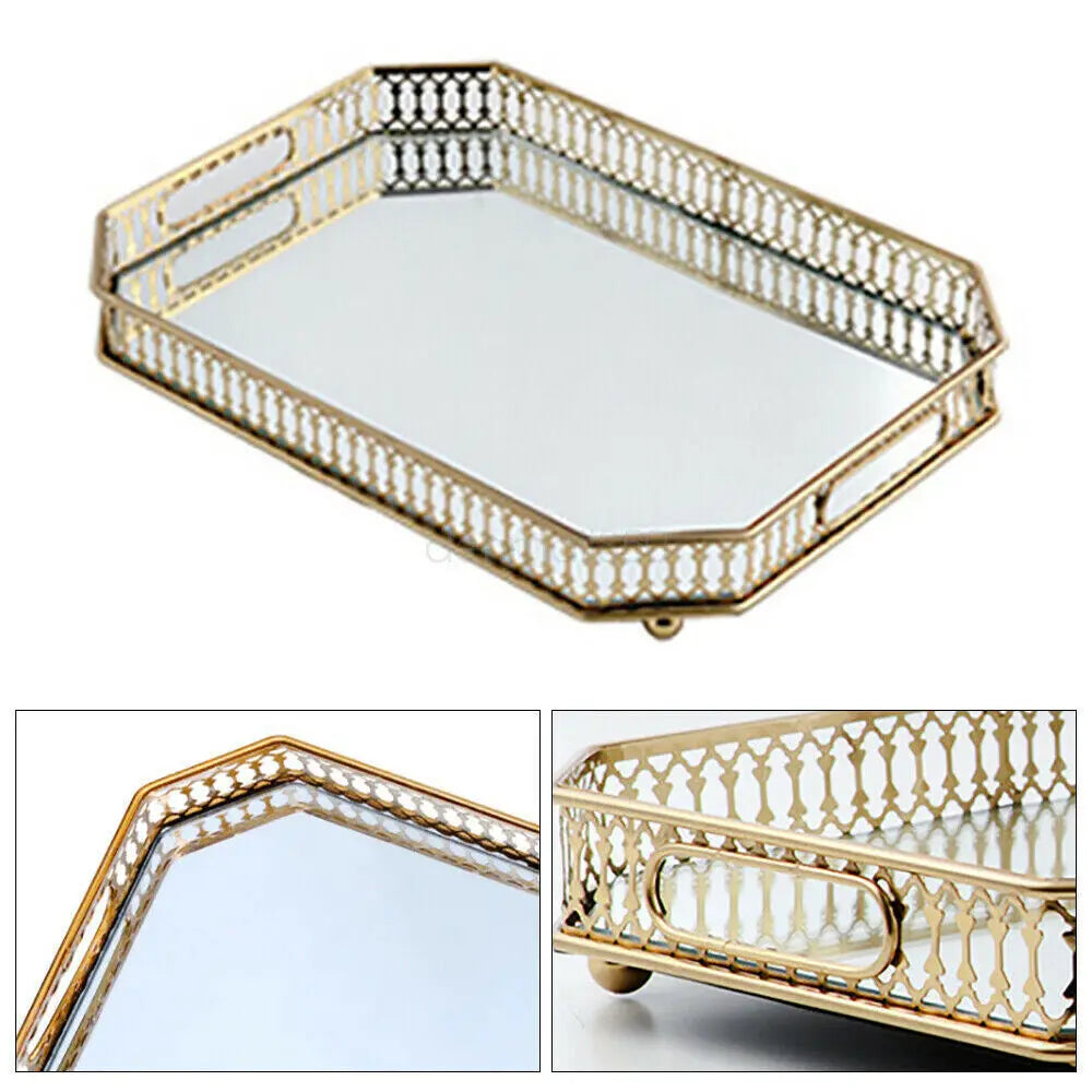 Large 35x25cm Golden Rectangular Metal Tray with Glass Top for Makeup Jewelry Storage Organizer in Living Room Bedroom Decor