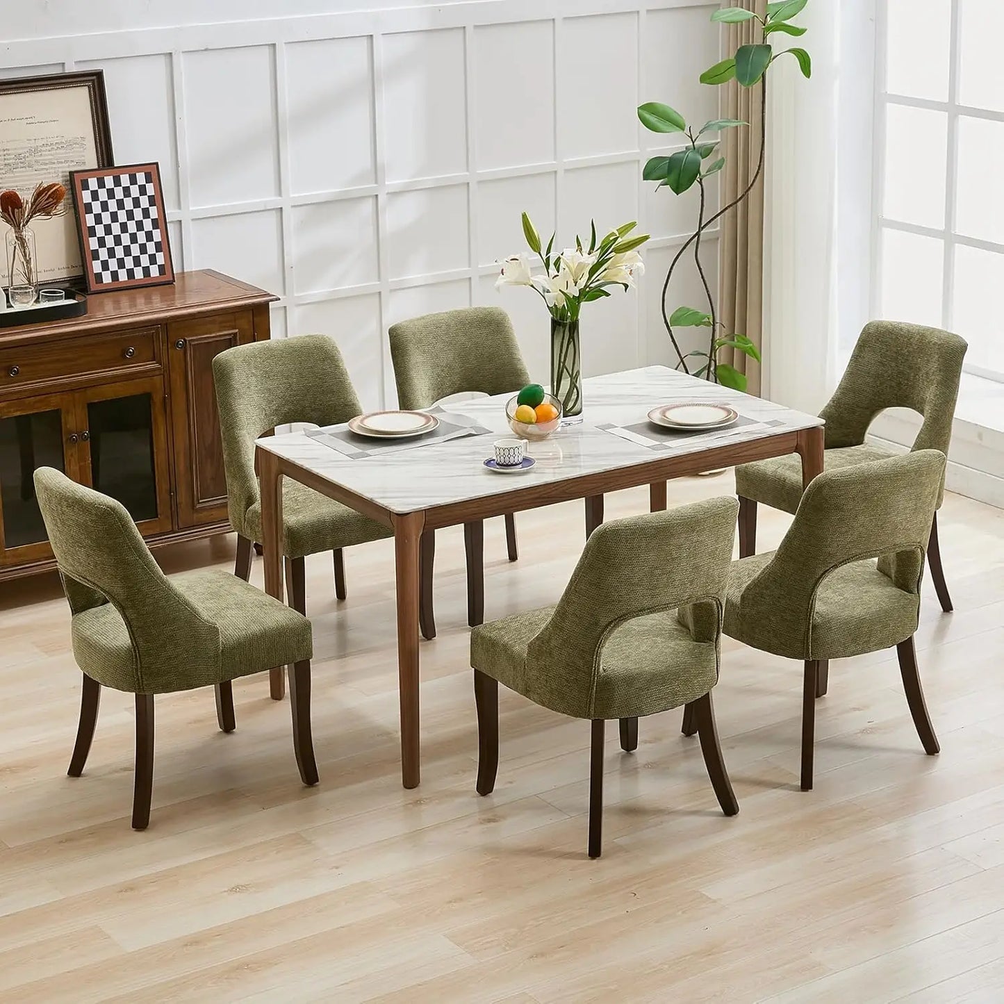 Wooden Dining Chairs Set Of 2 Mid Century Modern Chenille Upholstered