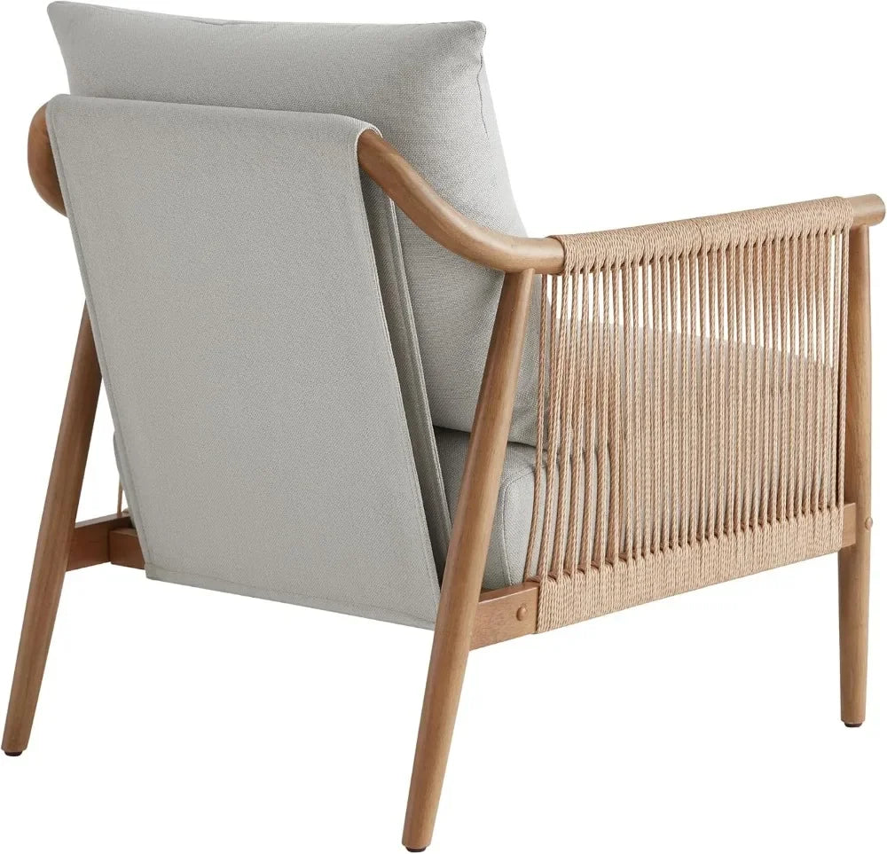 Set of 2 Braid Accent Chairs with Solid Wooden Armrests, Modern Boho Reading Armchair for Living Room, Bedroom, Light Grey