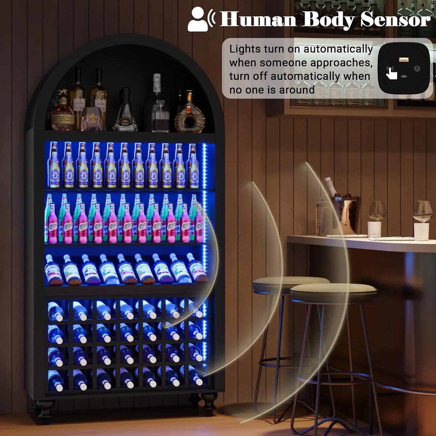 Wine Bar Cabinet With LED Lighting And Glassware Storage