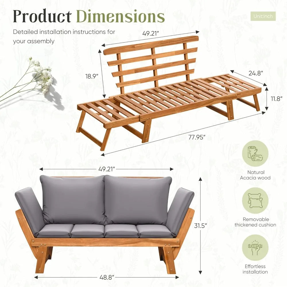 Adjustable Outdoor Loveseat with Cushions, Acacia Wood Patio Sofa for Balcony Backyard (Grey)