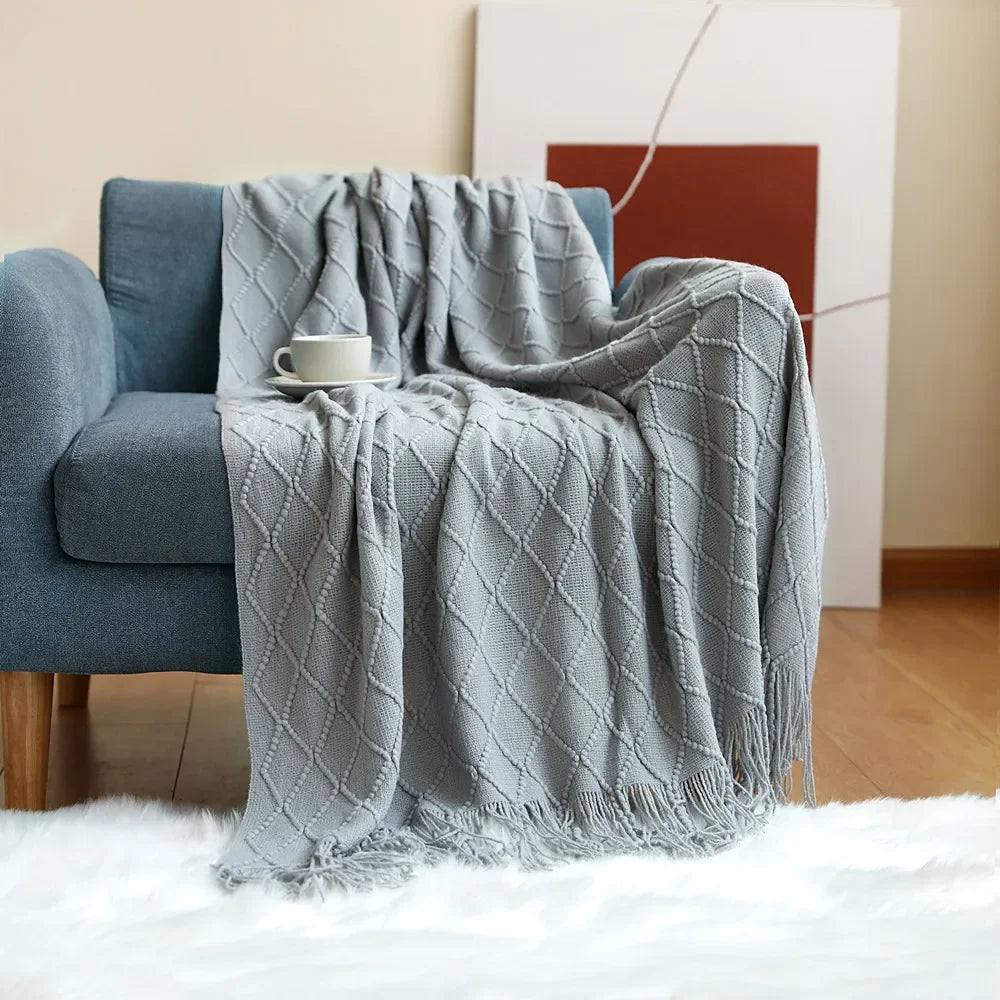 Acrylic Knitted Throw Blanket With Tassels For Sofa And Bed