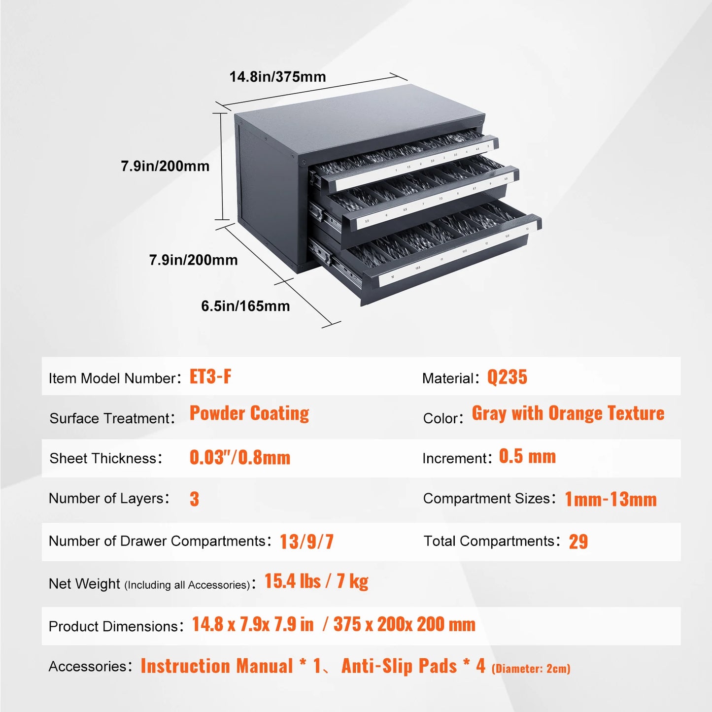 SucceBuy Steel Drill Dispenser Organizer Cabinet Storage Drill Bit Dispenser Cabinet Three-Drawer Drill Bit Organizer Cabinet