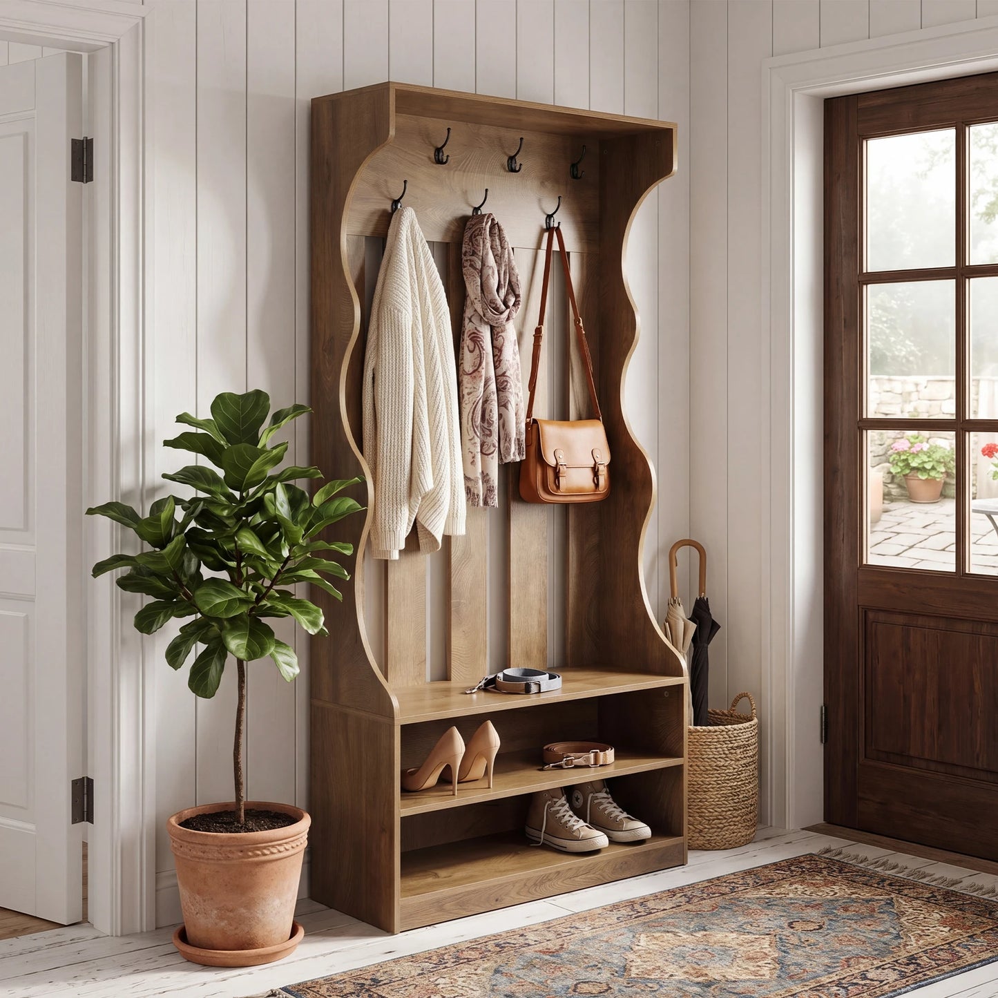 Tribesigns 3-In-1 Coat Rack with Shoe Bench, 70.9" Tall Hall Tree with 7 Hooks, Farmhouse Entryway Coat Rack with 2 Tier Shoe Storage for Entryway, Living Room, Bedroom, Brown