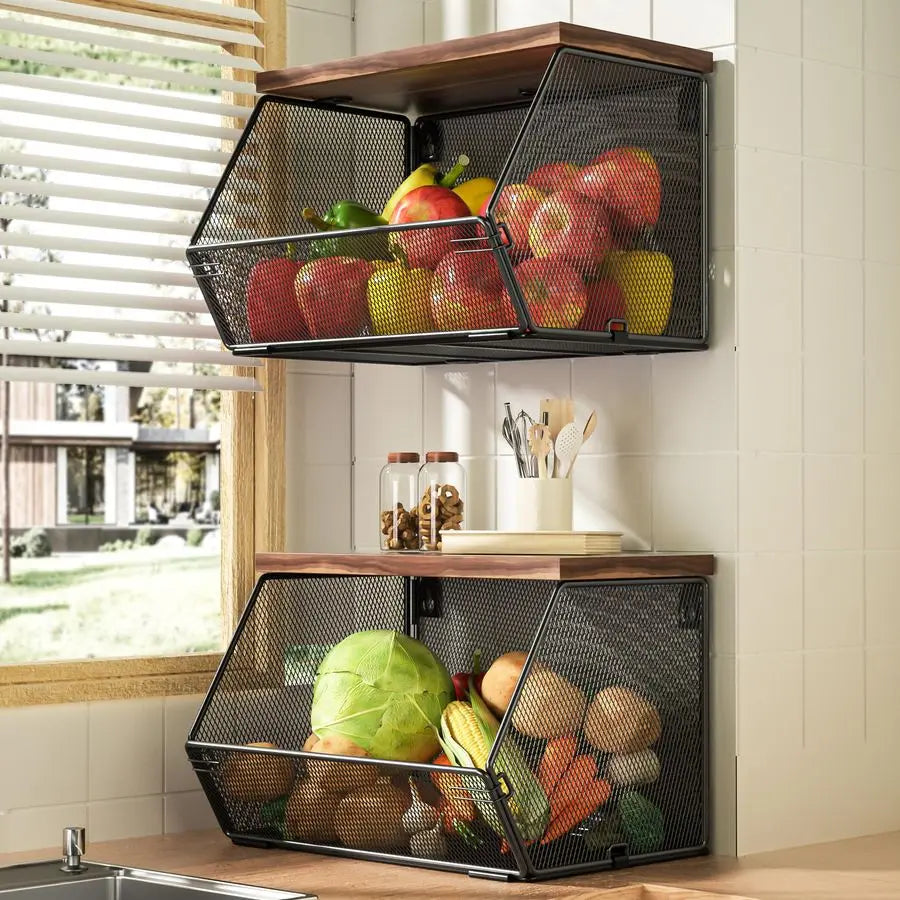 Fruit Basket for Kitchen Countertop Space Saving, Wall Mounted Mesh Metal Wire Baskets with Wood Lid Extra Storage, 2 Pack Kitch