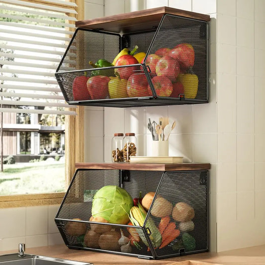Fruit Basket for Kitchen Countertop Space Saving, Wall Mounted Mesh Metal Wire Baskets with Wood Lid Extra Storage, 2 Pack Kitch