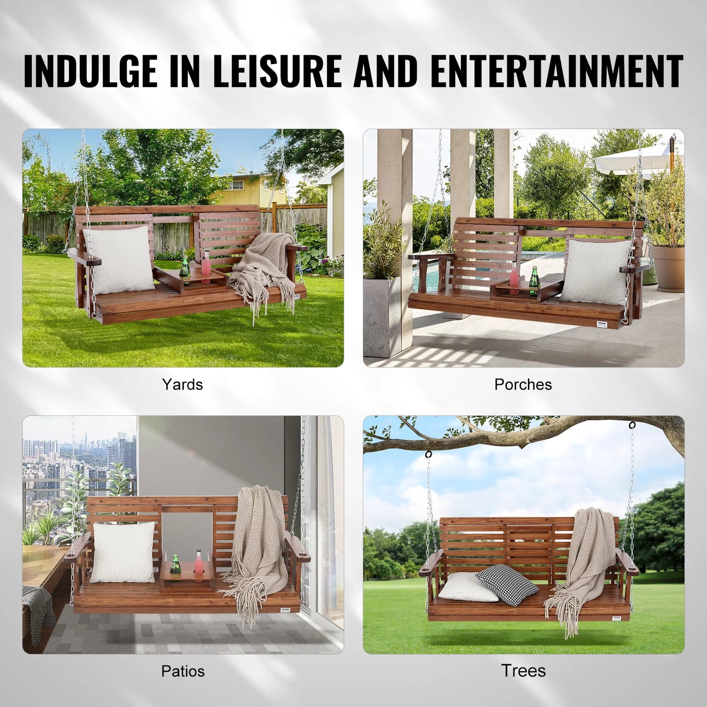 SucceBuy Wooden Porch Swing With 880 Lb Load Capacity