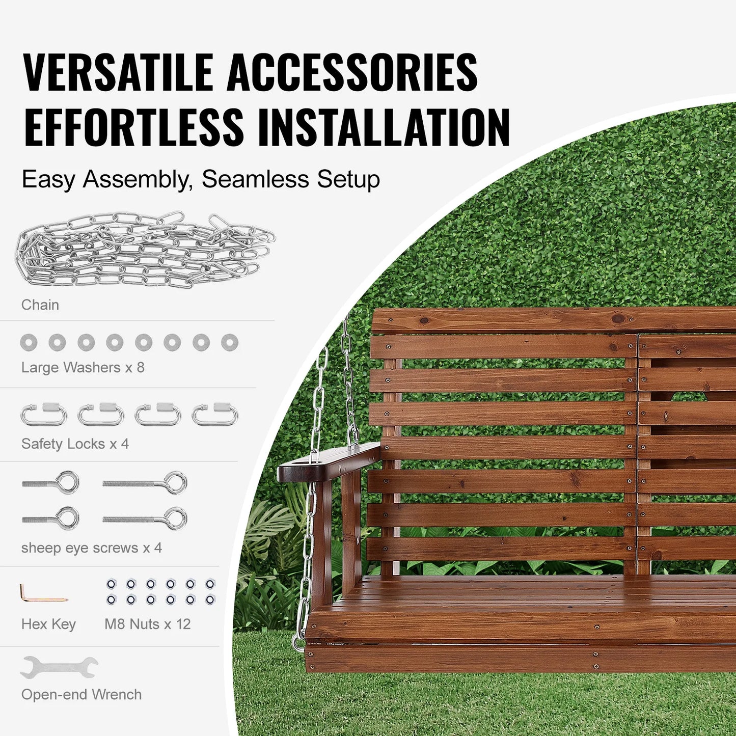 SucceBuy Wooden Porch Swing With 880 Lb Load Capacity