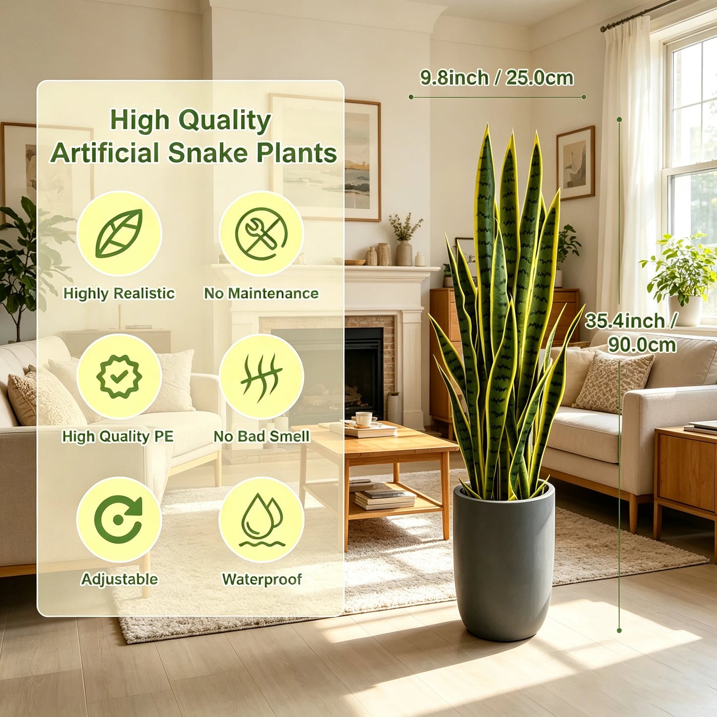 3FT Fake Snake Plant, 2 Pack Faux Sansevieria in Pot with 24 Realistic Leaves, UV Resistant Artificial Mother-in-Law's Tongue Plant for Indoor Outdoor Home, Office, Bedroom, Patio Decor