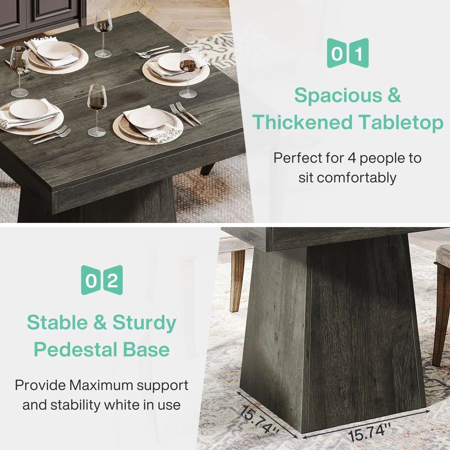 Tribesigns Farmhouse Square Dining Table For Four With Pedestal Base
