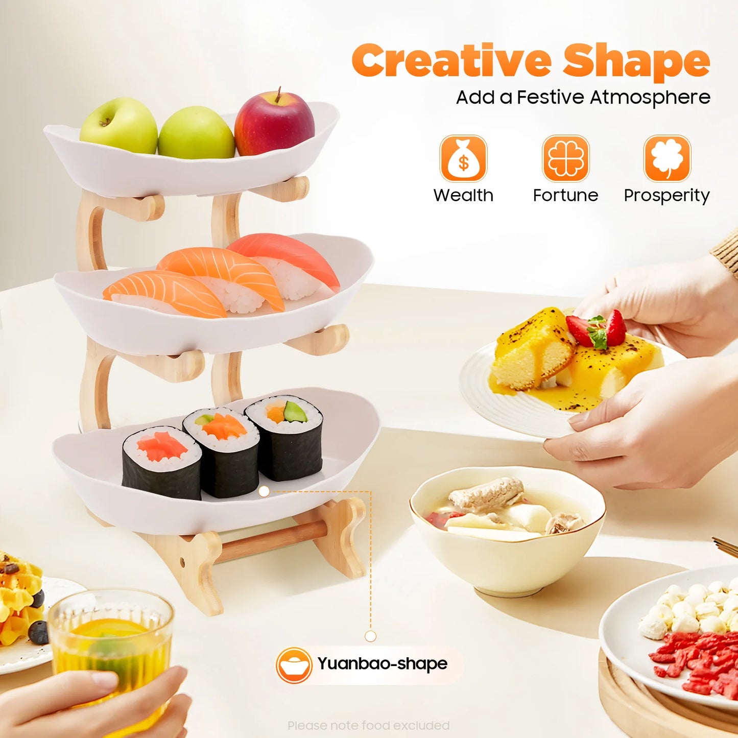 3-Tier Fruit Plate And Dessert Tray On Bamboo Stand For Parties