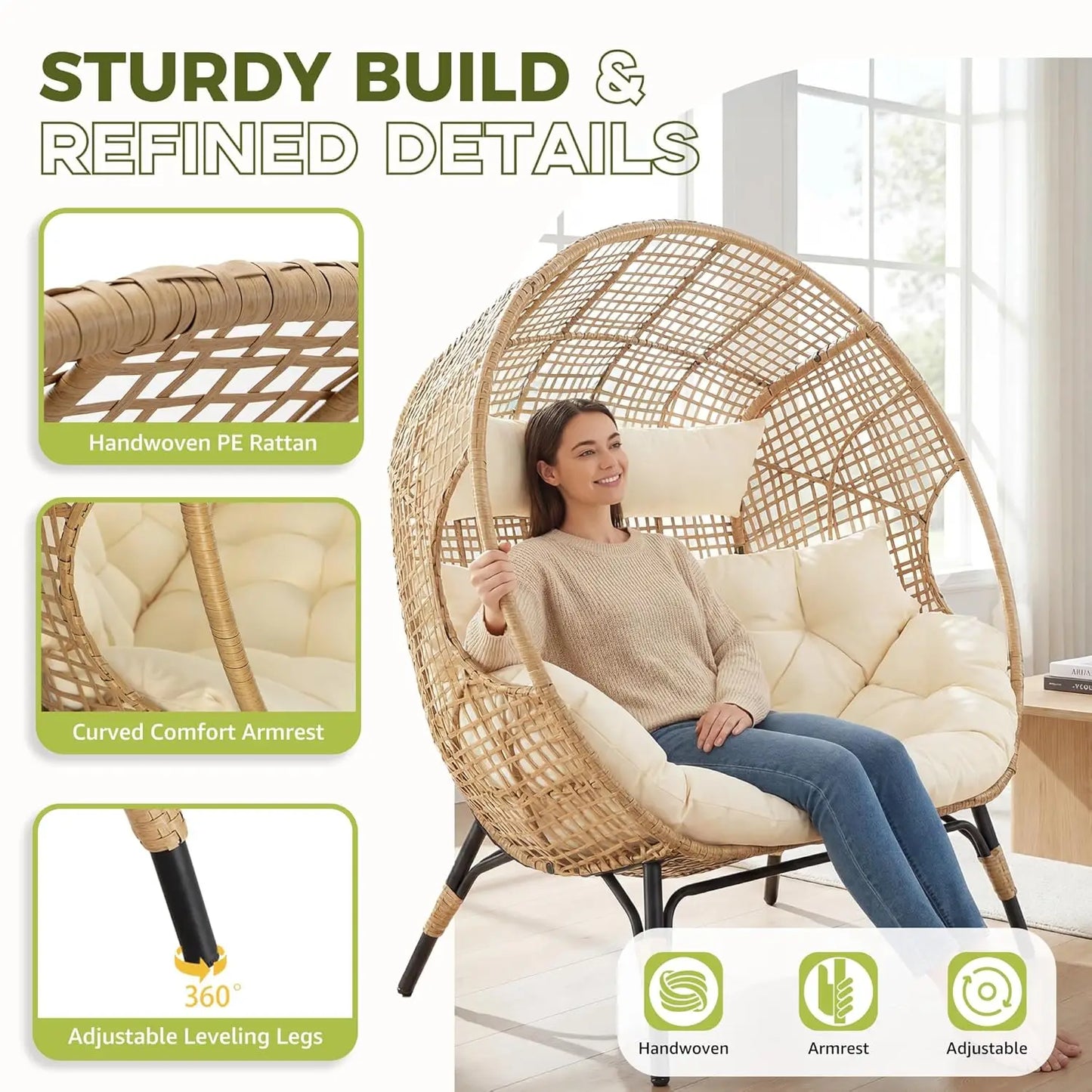 Double Egg Loveseat Wicker Rattan Cushioned Patio Sofa For Garden