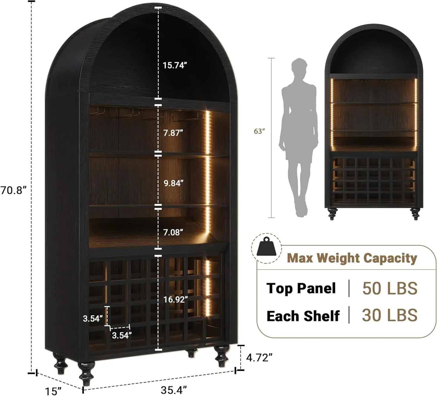 Wine Bar Cabinet With LED Lighting And Glassware Storage