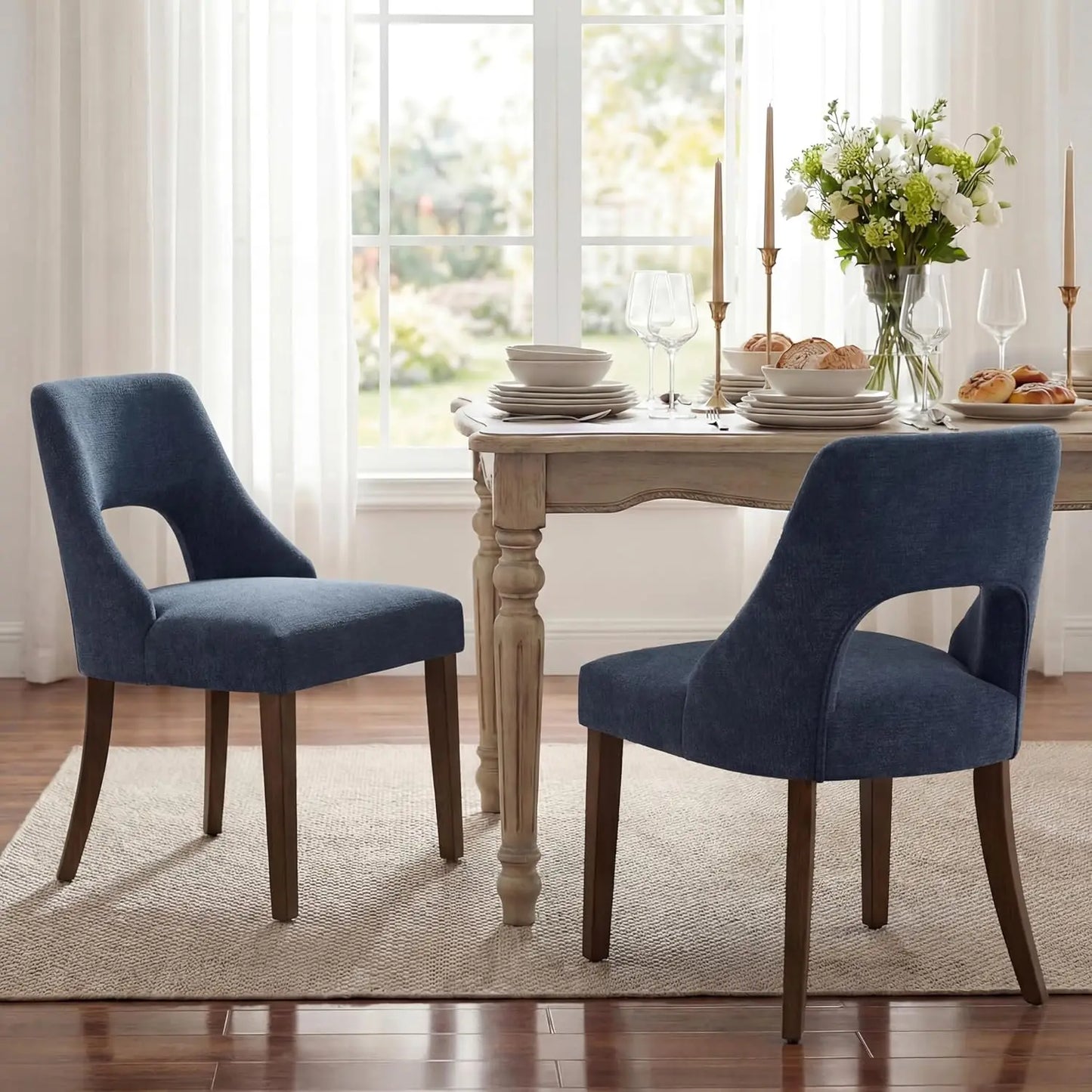 Wooden Dining Chairs Set Of 2 Mid Century Modern Chenille Upholstered