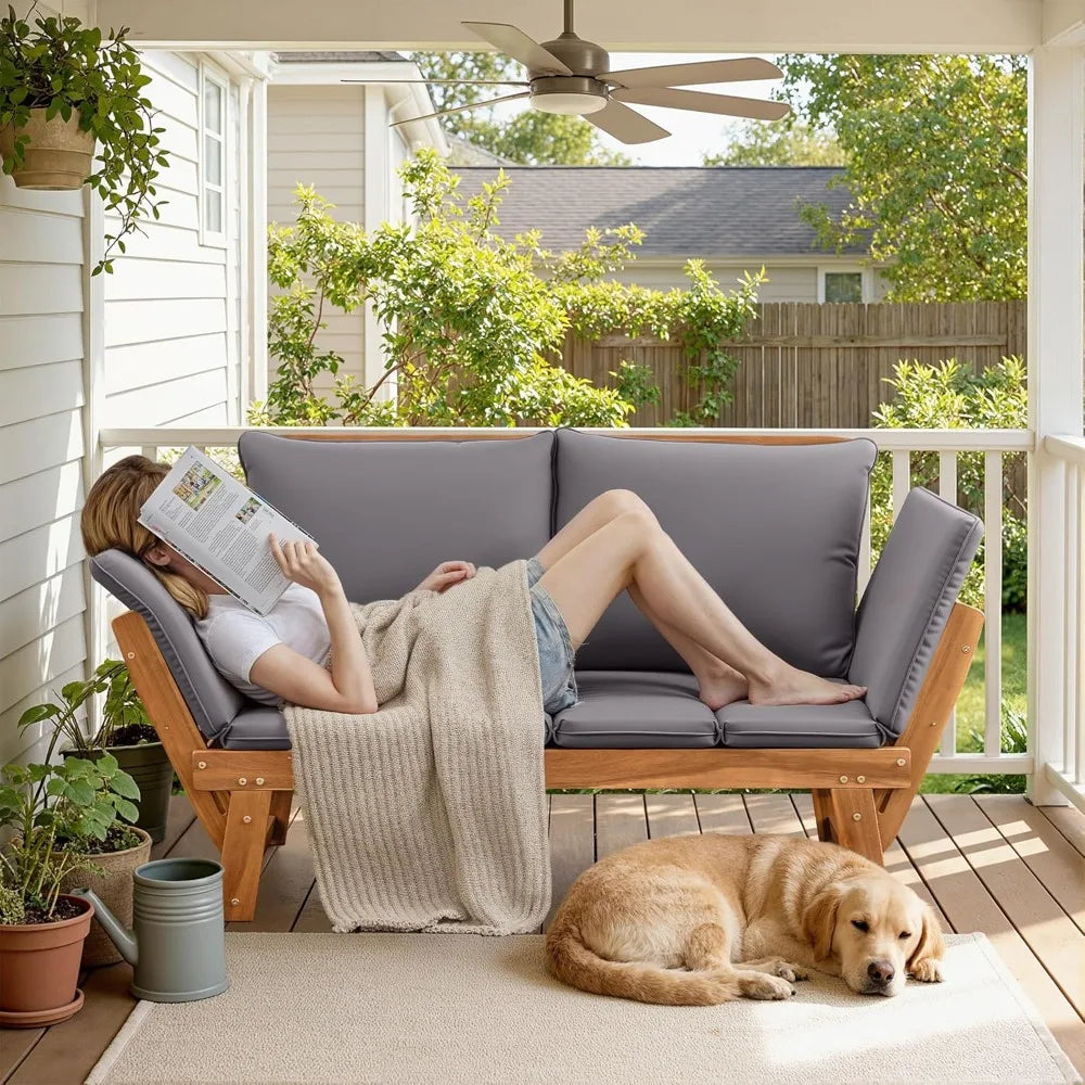 Adjustable Outdoor Loveseat with Cushions, Acacia Wood Patio Sofa for Balcony Backyard (Grey)