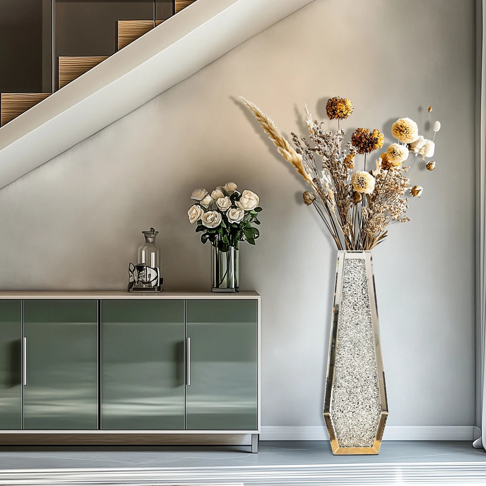 Luxury Crushed Diamond Mirrored Floor Flower Vase Silver Glass Vase