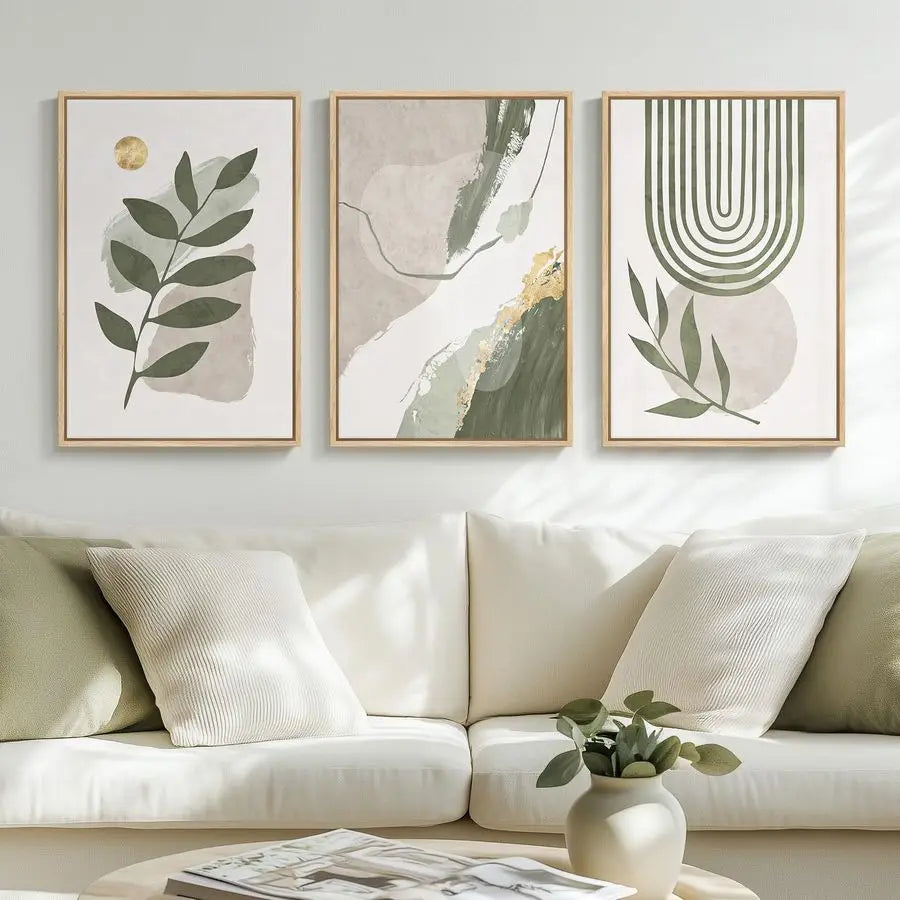 Framed Boho Sage Green Abstract Wall Art for Living Room, 3 Piece Leaf Botanical Canvas Artworks Decor, Minimalist Geometric Bei