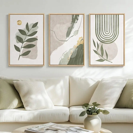 Framed Boho Sage Green Abstract Wall Art for Living Room, 3 Piece Leaf Botanical Canvas Artworks Decor, Minimalist Geometric Bei
