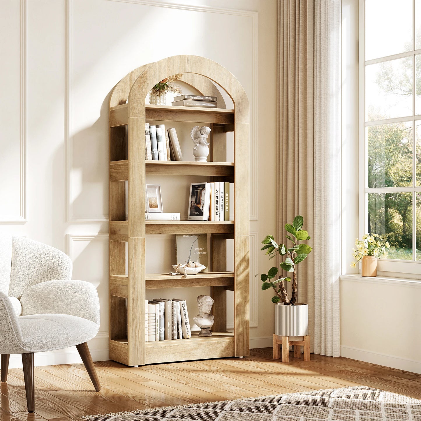 Tribesigns 70.87” Tall Arched Bookshelf, Rustic Oak Bookcase with 5-Tier Storage, Modern Decorative Display Shelf for Living Room, Bedroom, Office (31.5” W x 11.81” D)