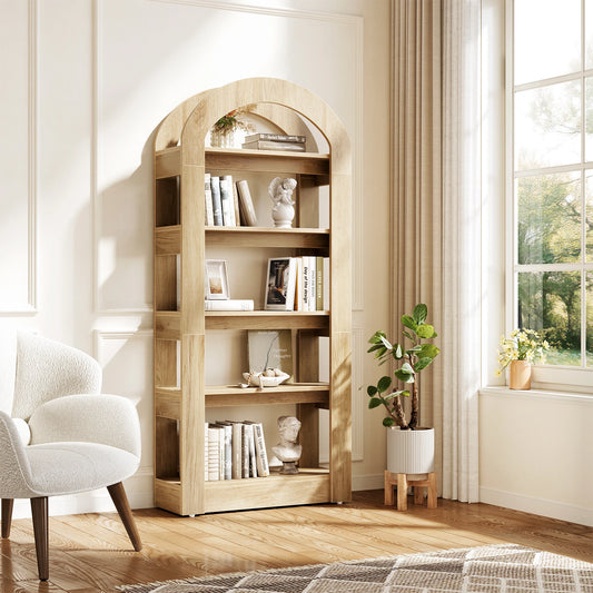 Tribesigns 70.87” Tall Arched Bookshelf, Rustic Oak Bookcase with 5-Tier Storage, Modern Decorative Display Shelf for Living Room, Bedroom, Office (31.5” W x 11.81” D)