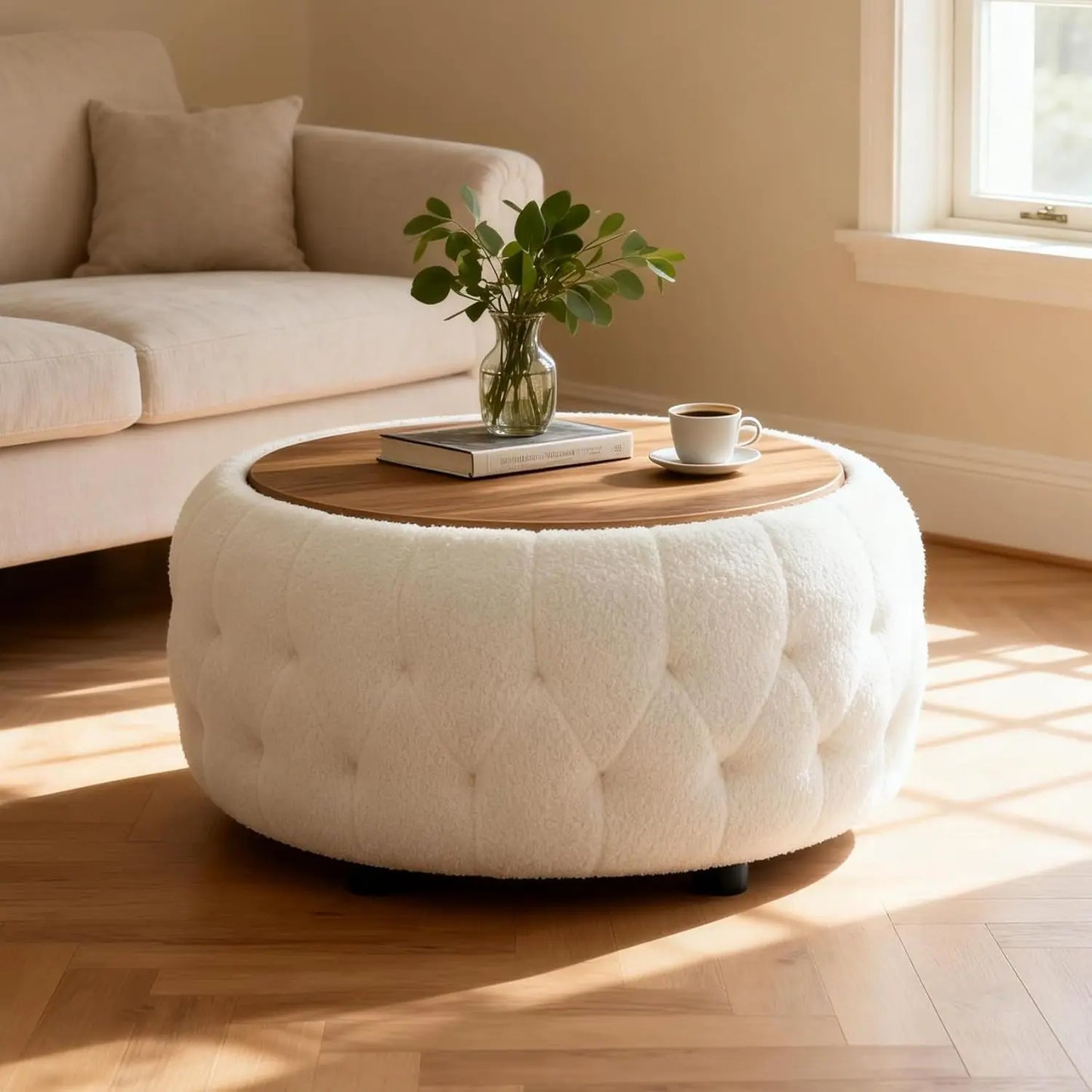 Round Storage Ottoman Coffee Table With Teddy Fabric