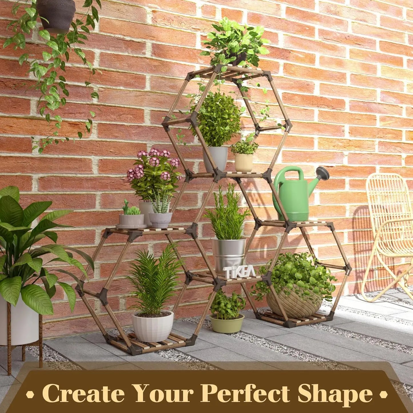 Hexagonal Wooden Plant Stand for Indoor and Outdoor Use