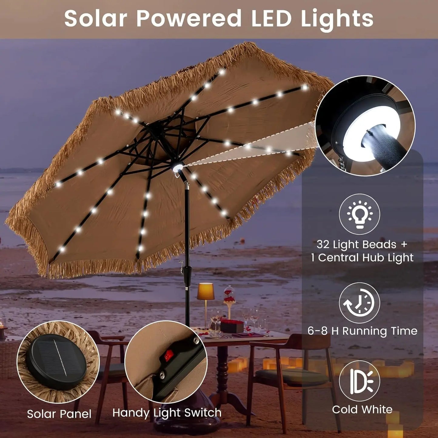 10ft Hula Thatched Tiki Umbrella, 2-Tier Hawaiian Style Solar Patio Umbrella with 32 LED Lights, Central Hub Light,, Customized